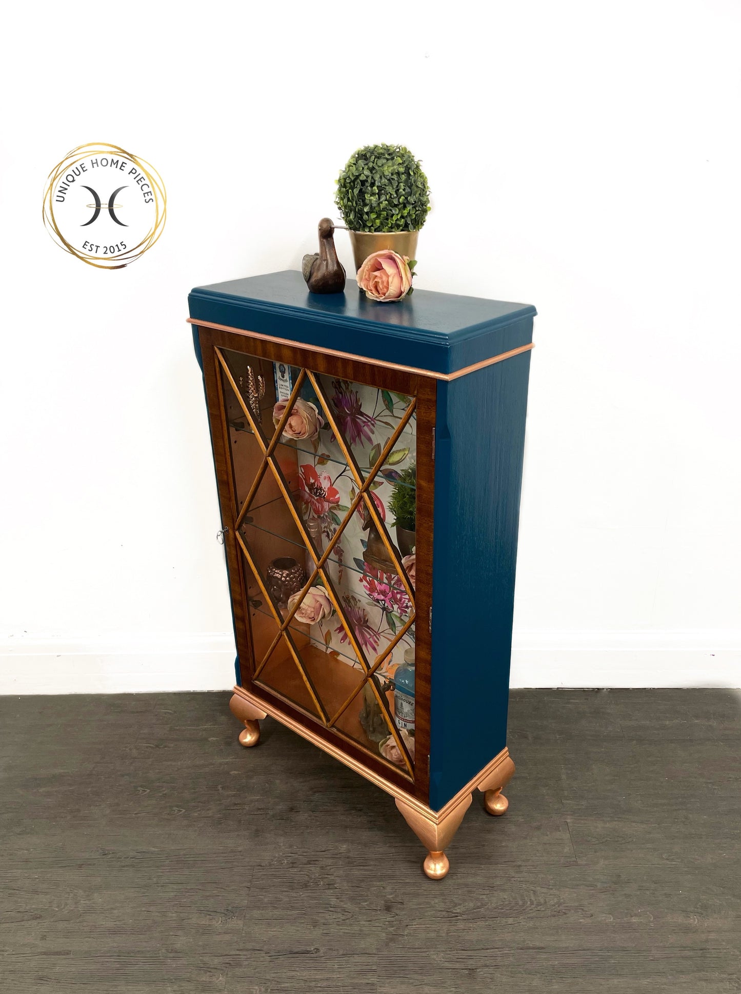Blue Copper Vintage Glass Fronted Display/ Drinks Cabinet - Unique Home Pieces