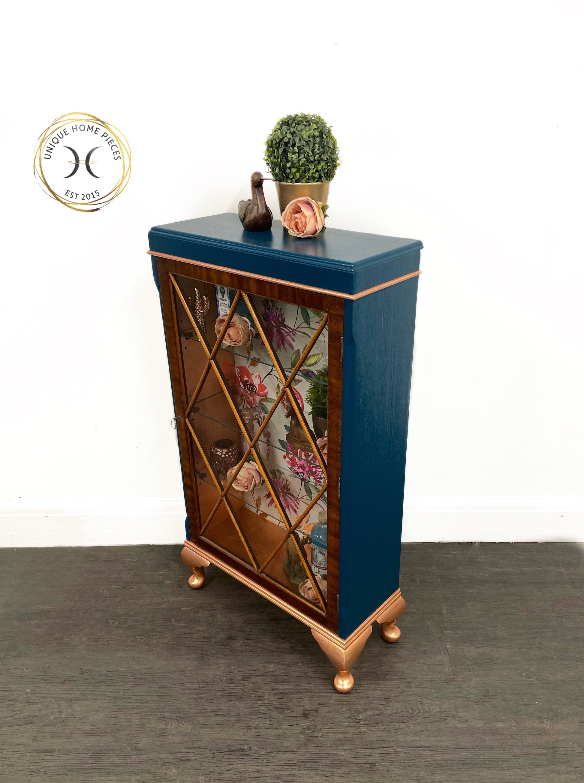 Blue Copper Vintage Glass Fronted Display/ Drinks Cabinet - Unique Home Pieces