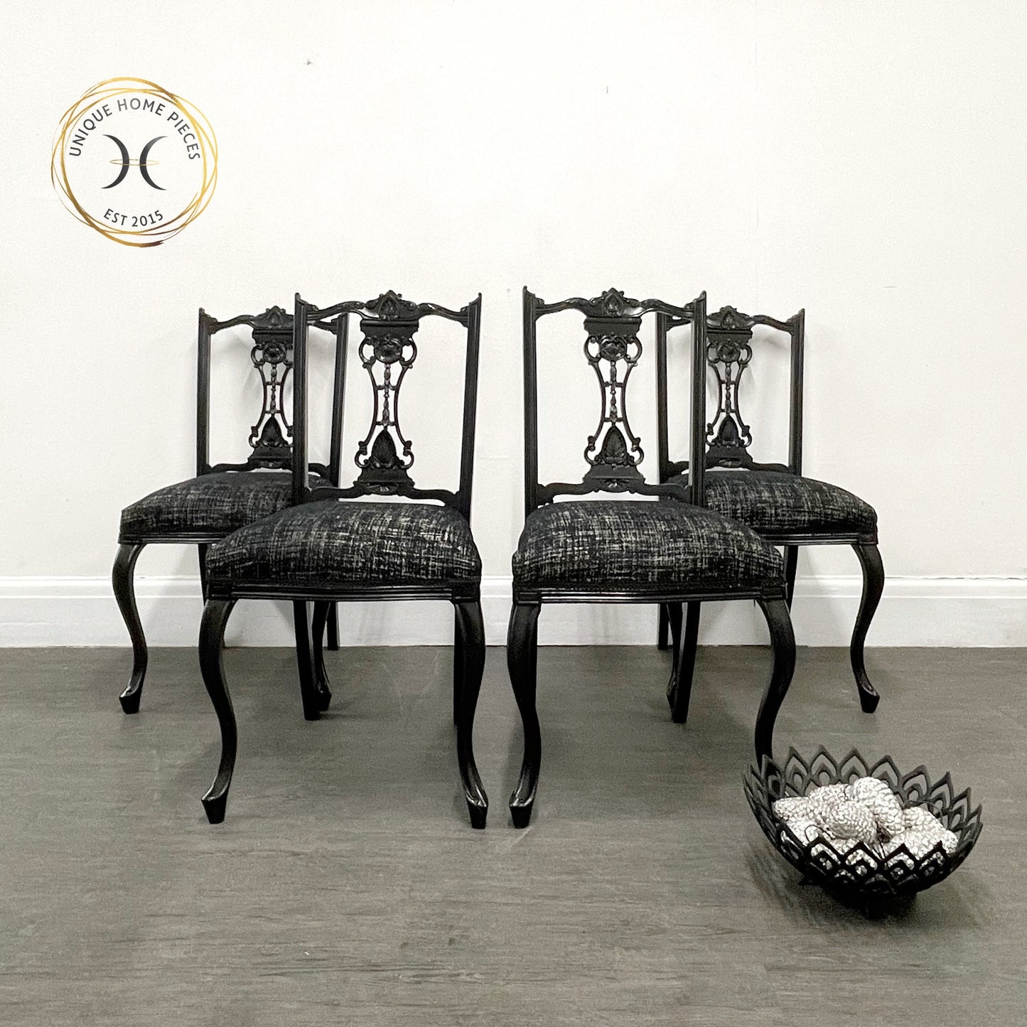 Set of 4 Edwardian Black & Silver Dining Chairs.