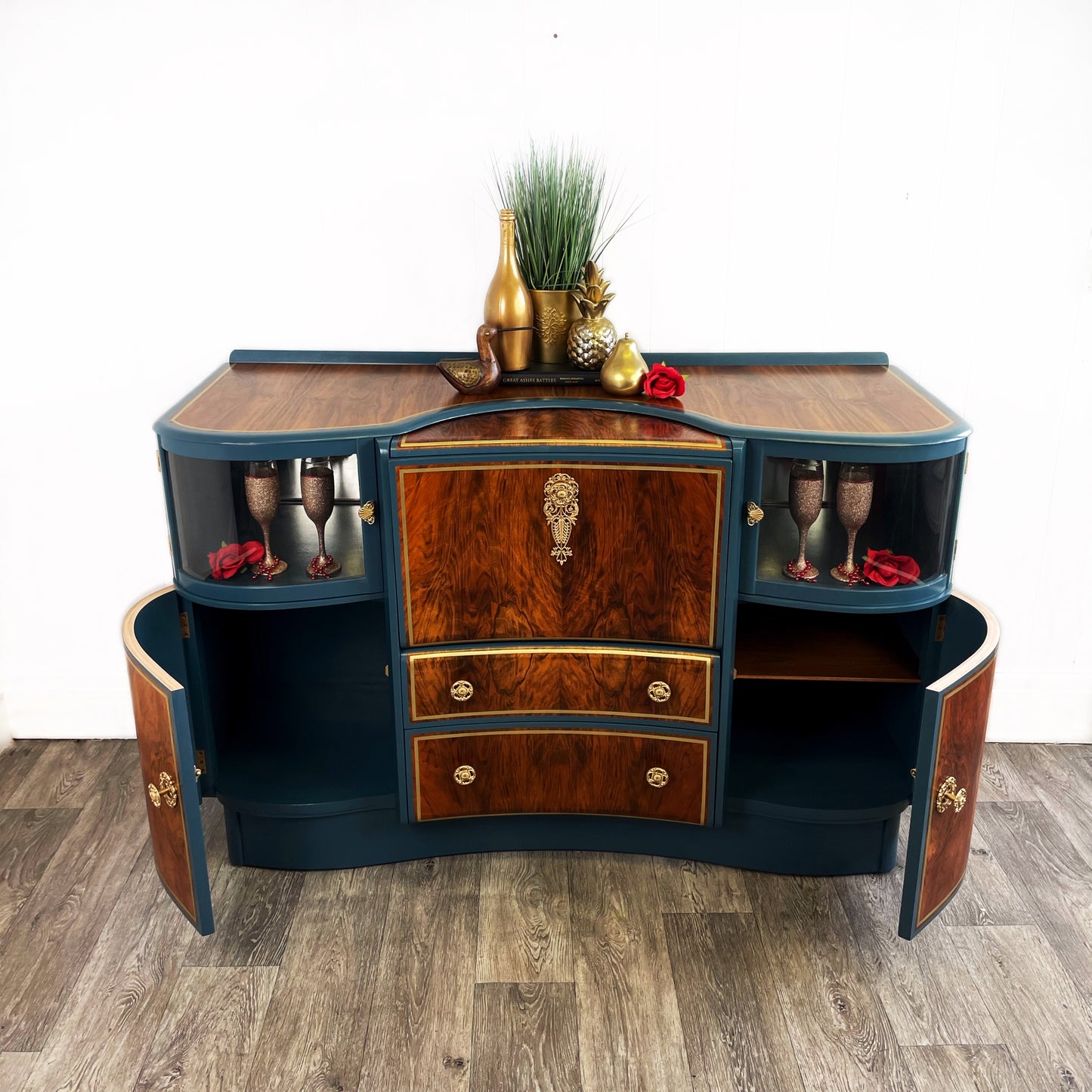 Beautility 1950s Blue Walnut Cocktail Cabinet Sideboard