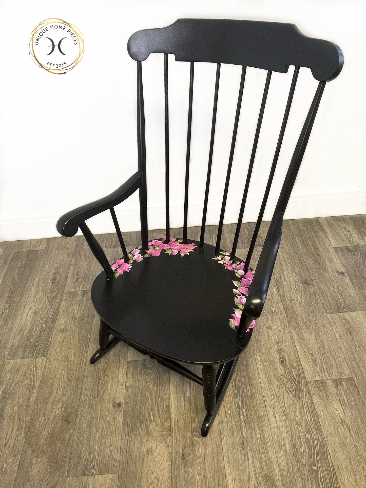 Black Vintage Wheel back Rocking Chair with Pink Wildflower Design