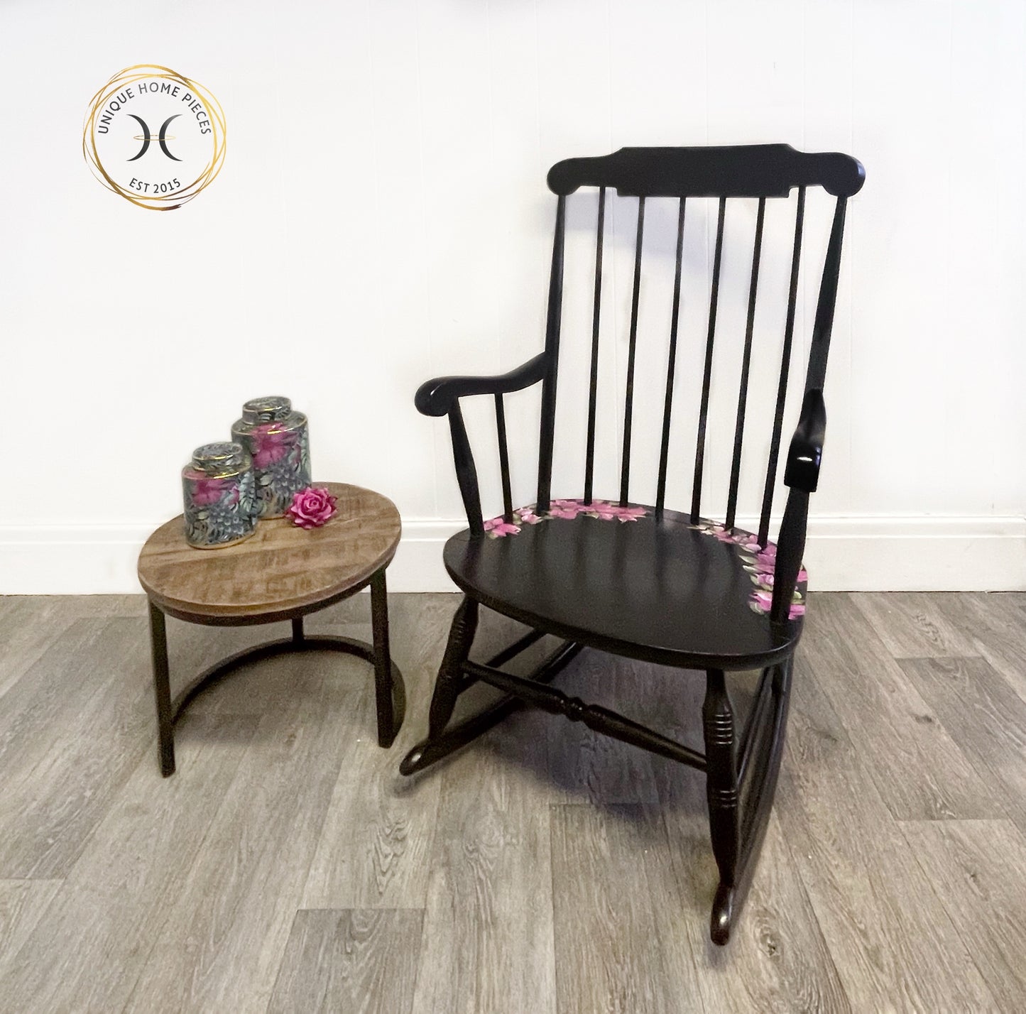 Black Vintage Wheel back Rocking Chair with Pink Wildflower Design