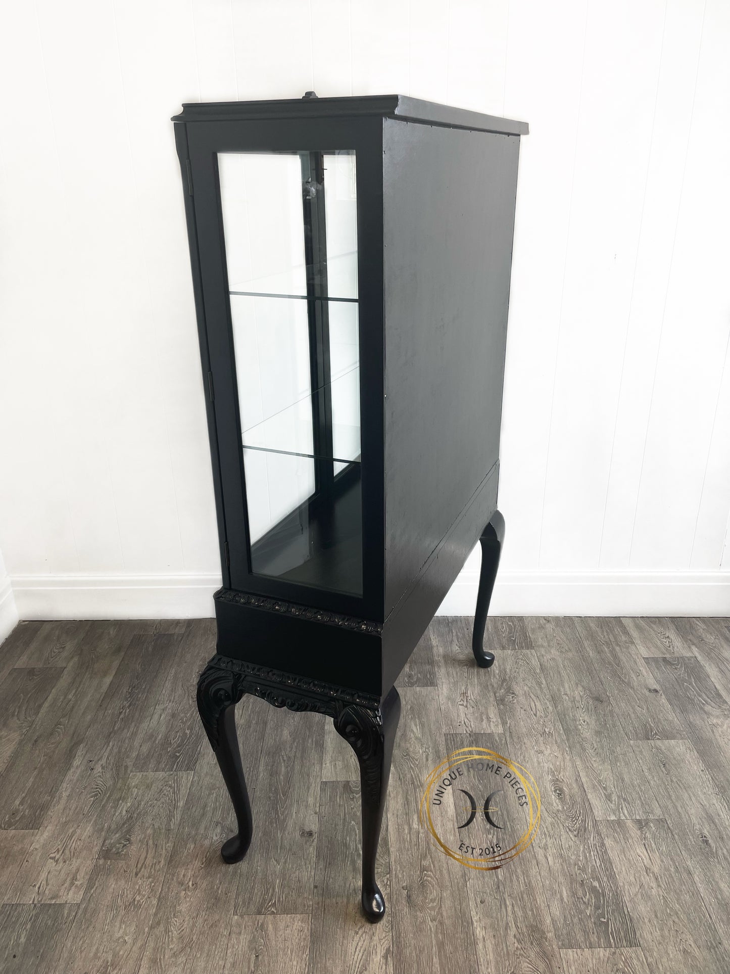 Black Bespoke Bevelled Glass Door Display Cabinet, Queen Anne Legs,Turquoise Crane Bird Design
