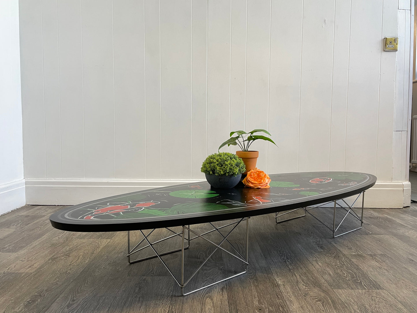 Eames ETR Low Surfboard Style Coffee Table With Koi Fish Design