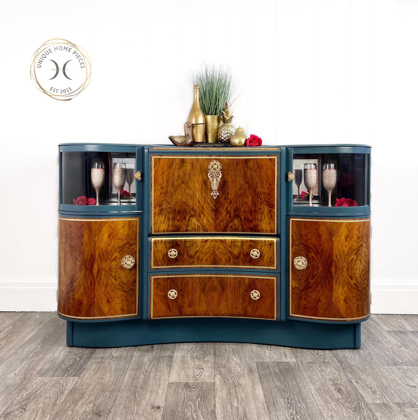 Beautility 1950s Blue Walnut Cocktail Cabinet Sideboard