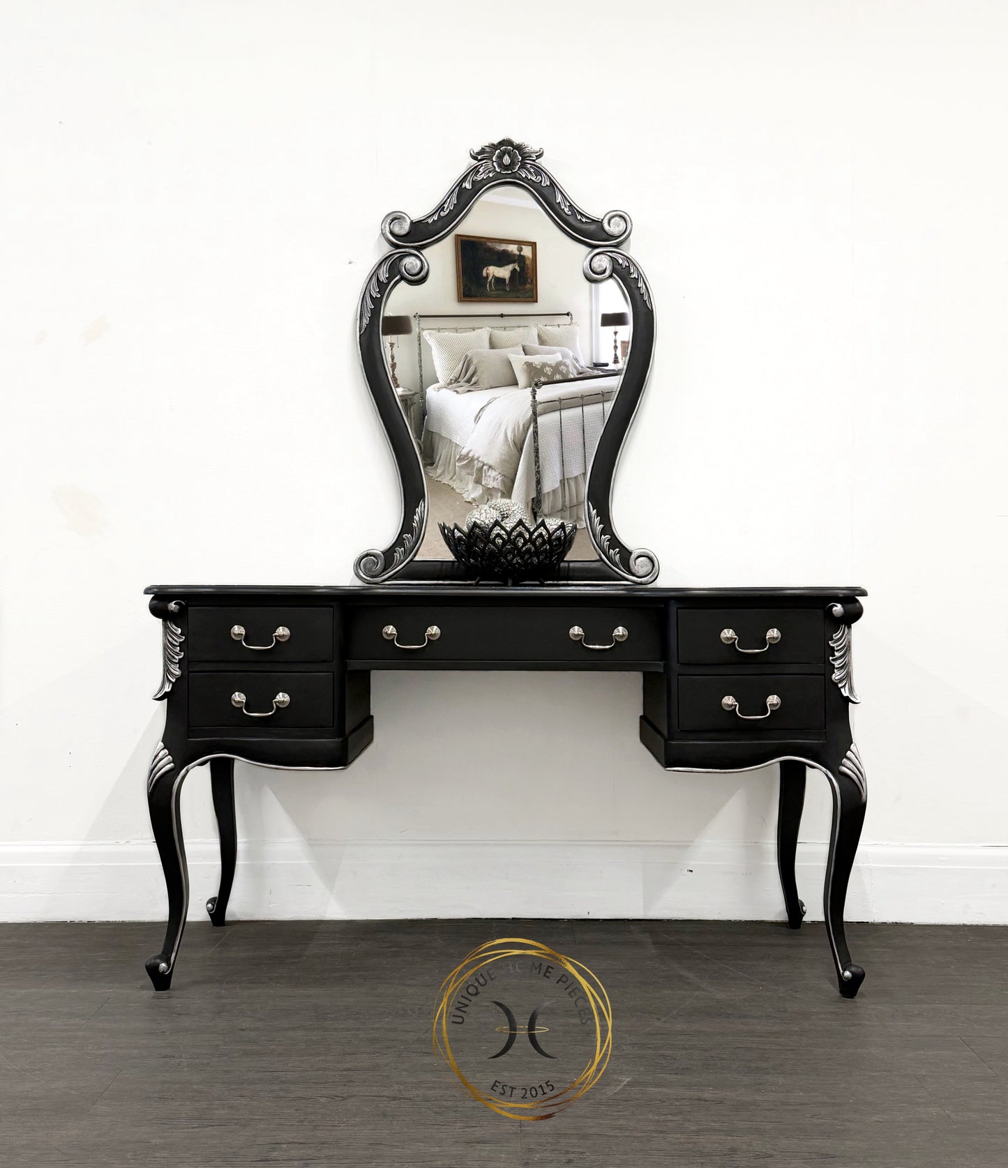 Contemporary Black and Silver French Rococo Dressing Table With Mirror - Unique Home Pieces