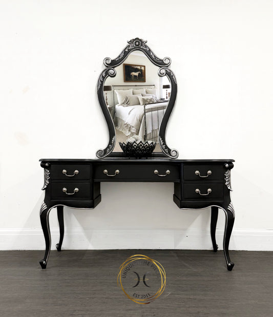 Contemporary Black and Silver French Rococo Dressing Table With Mirror - Unique Home Pieces