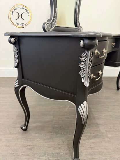 Contemporary Black and Silver French Rococo Dressing Table With Mirror - Unique Home Pieces