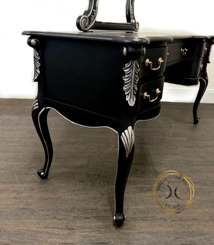 Contemporary Black and Silver French Rococo Dressing Table With Mirror - Unique Home Pieces