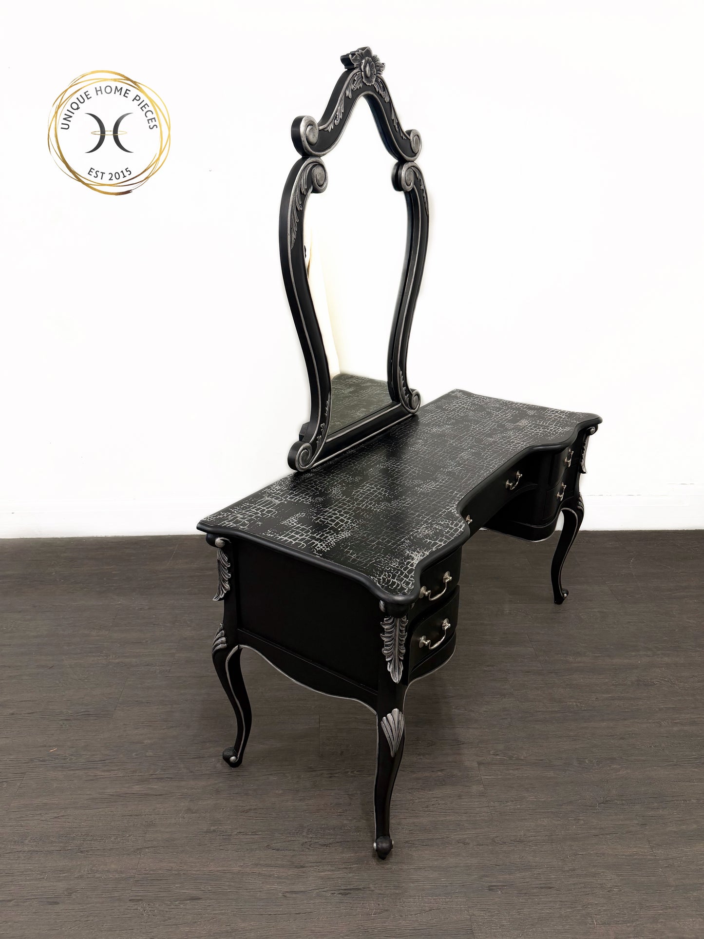 Contemporary Black and Silver French Rococo Dressing Table With Mirror - Unique Home Pieces