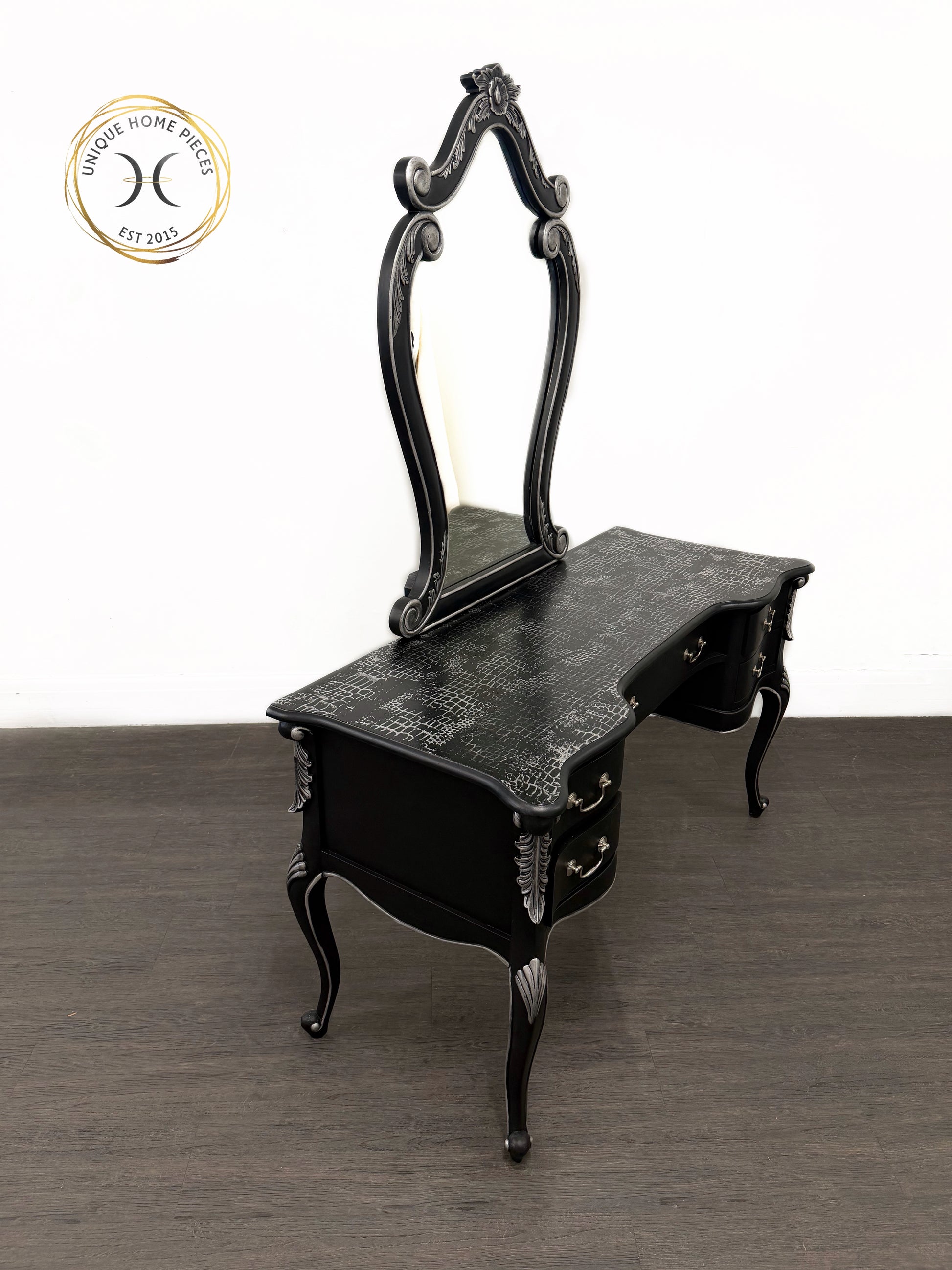 Contemporary Black and Silver French Rococo Dressing Table With Mirror - Unique Home Pieces