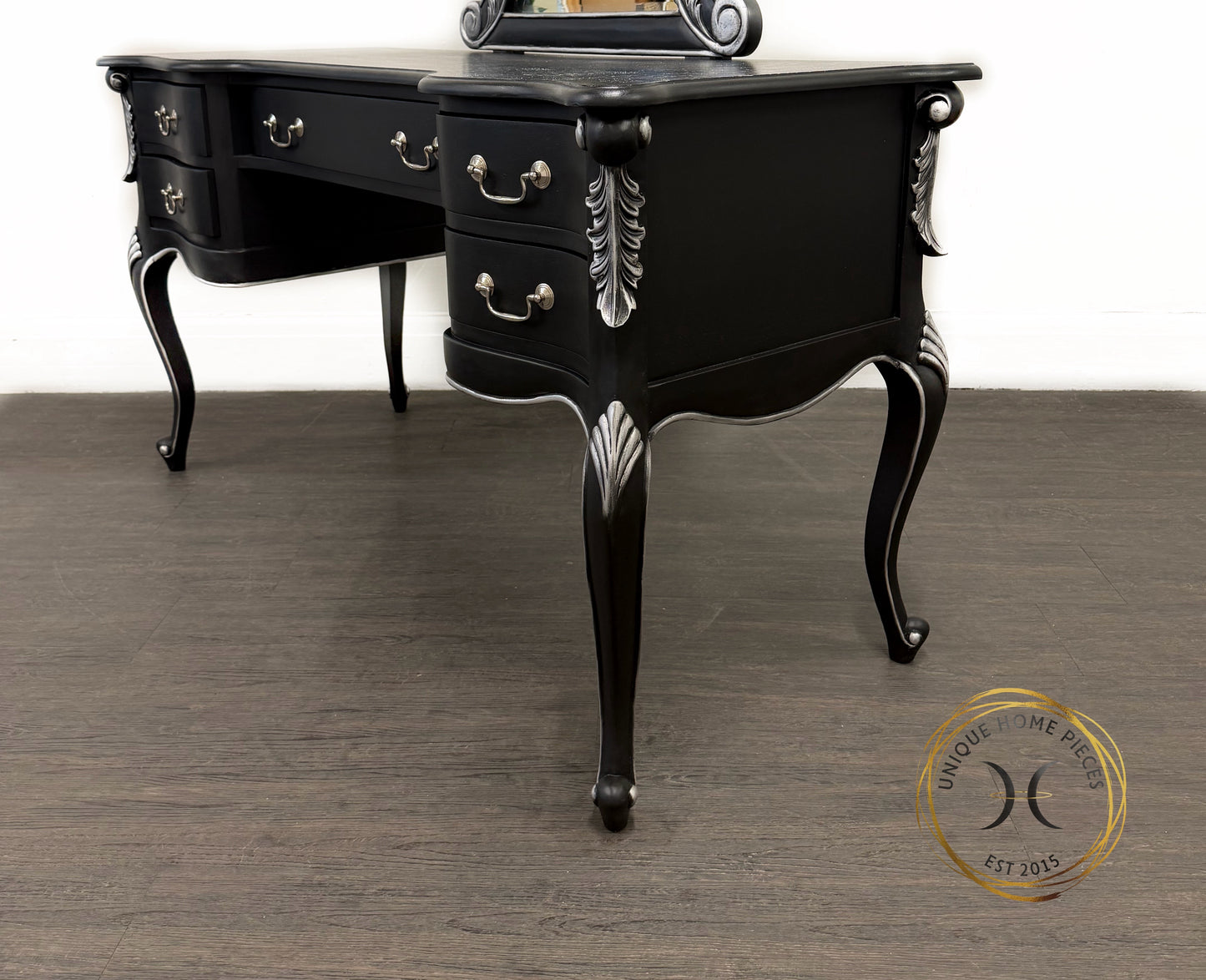 Contemporary Black and Silver French Rococo Dressing Table With Mirror - Unique Home Pieces