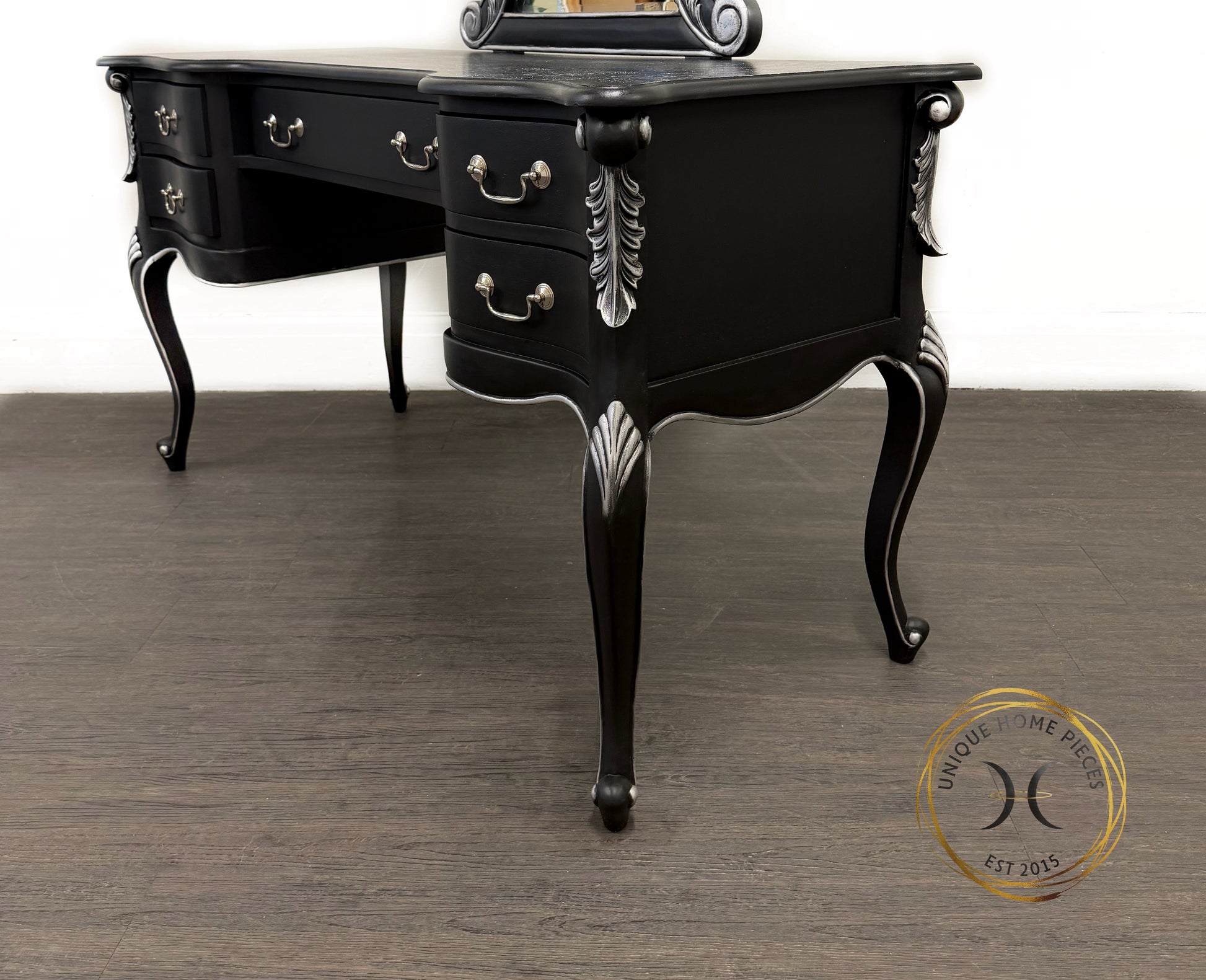 Contemporary Black and Silver French Rococo Dressing Table With Mirror - Unique Home Pieces