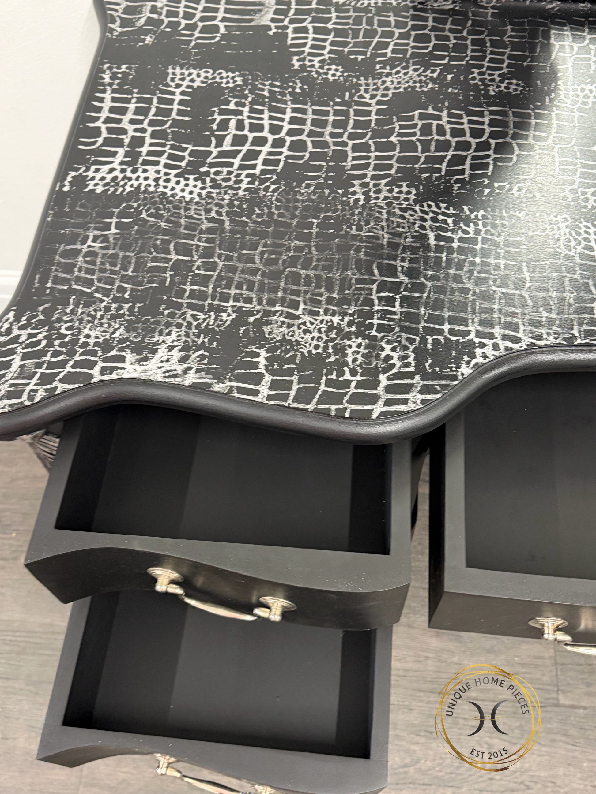 Contemporary Black and Silver French Rococo Dressing Table With Mirror - Unique Home Pieces