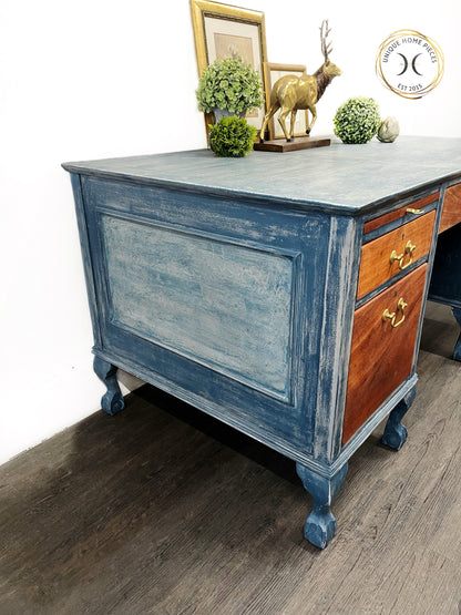 Blue Claw and Ball Twin Pedestal Office Desk, Cookes(Finsbury) Ltd