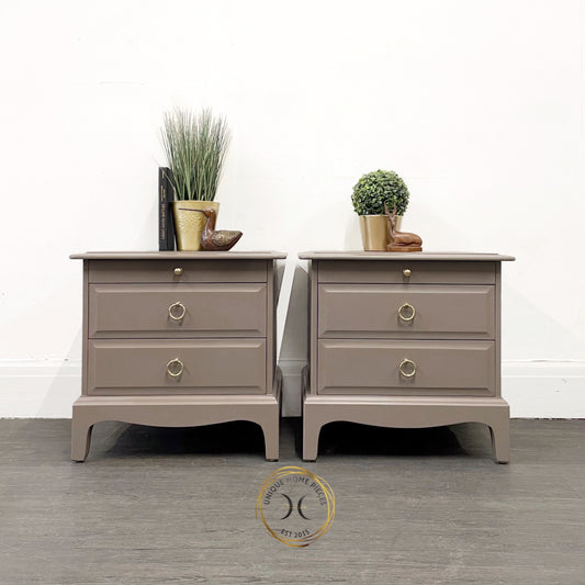 Pair of Stag Minstrel Two Drawer/Pullout Shelf Bedside Cabinets.