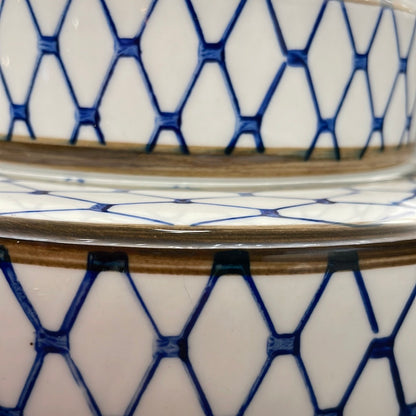 Blue And White Honeycomb Pattern Ceramic Lamp With Dark Blue Velvet Shade