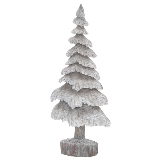 made of resin looks like a wooden grey snowy carved Christmas tree  height 35 cm Depth 7 cm width 16 cm
