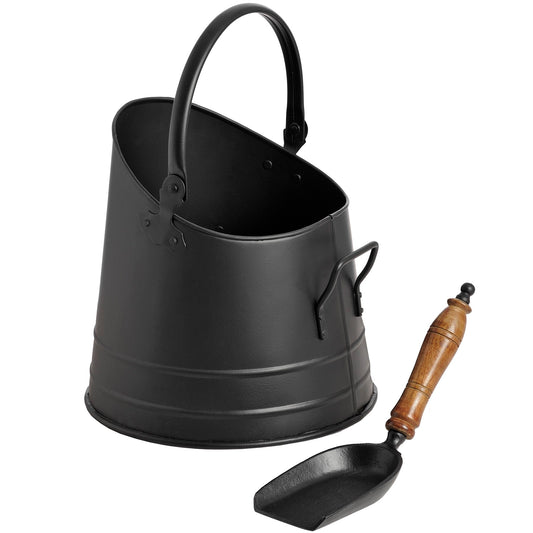 Black Coal Bucket With Teak Handle Shovel - Unique Home Pieces