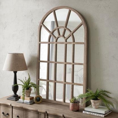 copgrove collection arched paned wall mirror made of hardwood, in a washed bleach finish. Dimensions are in cm H150 D4 W90
