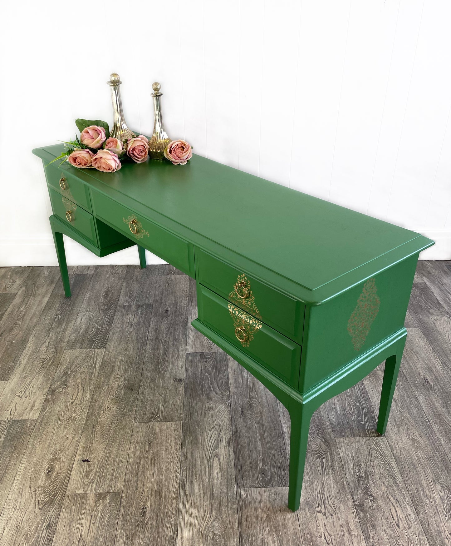 Stag Minstrel Green Dressing Table, 5 Drawer MCM Desk