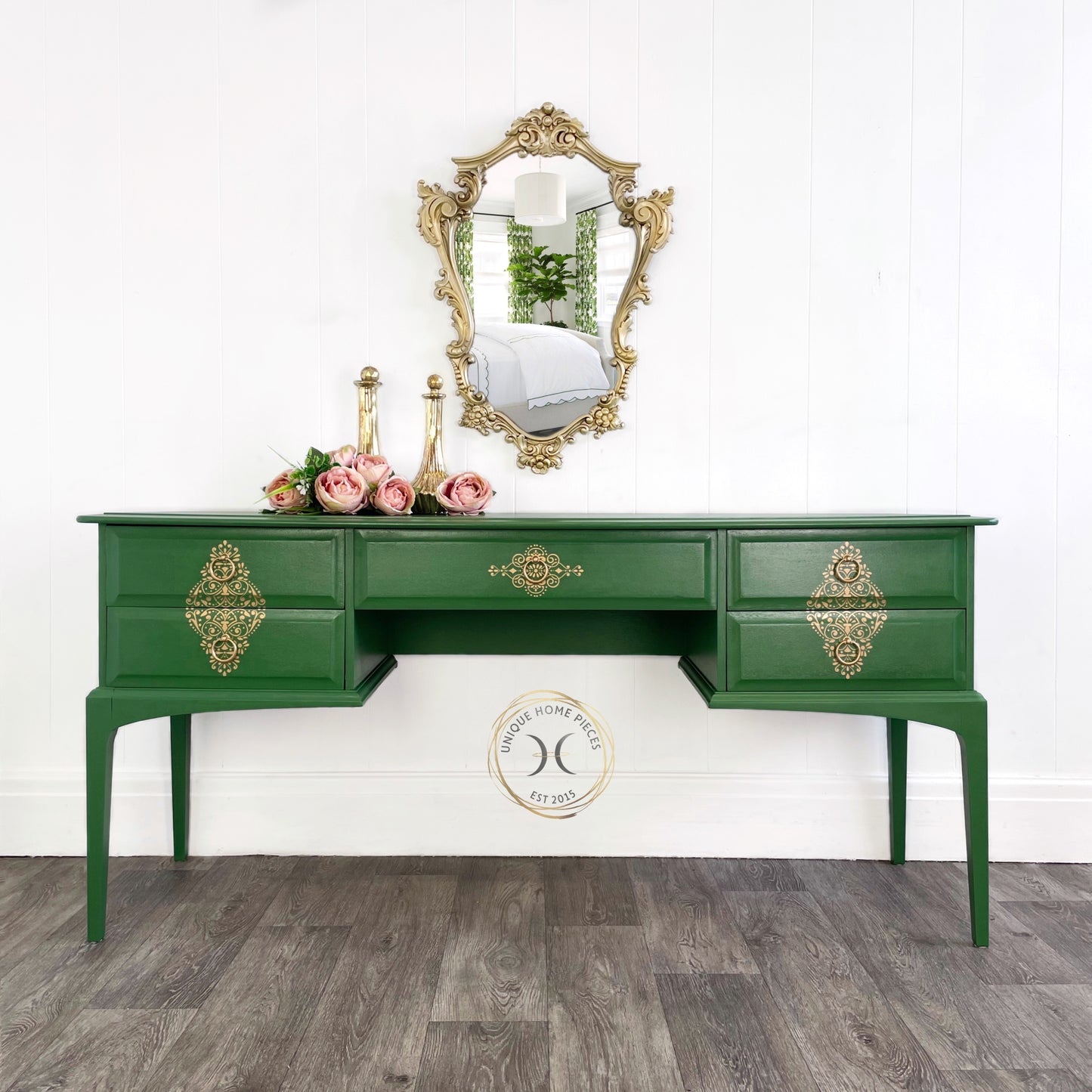 stag minstrel dressing table in park bench green by fushion. gold detailing to the front of drawers, sides and drawer interiors.