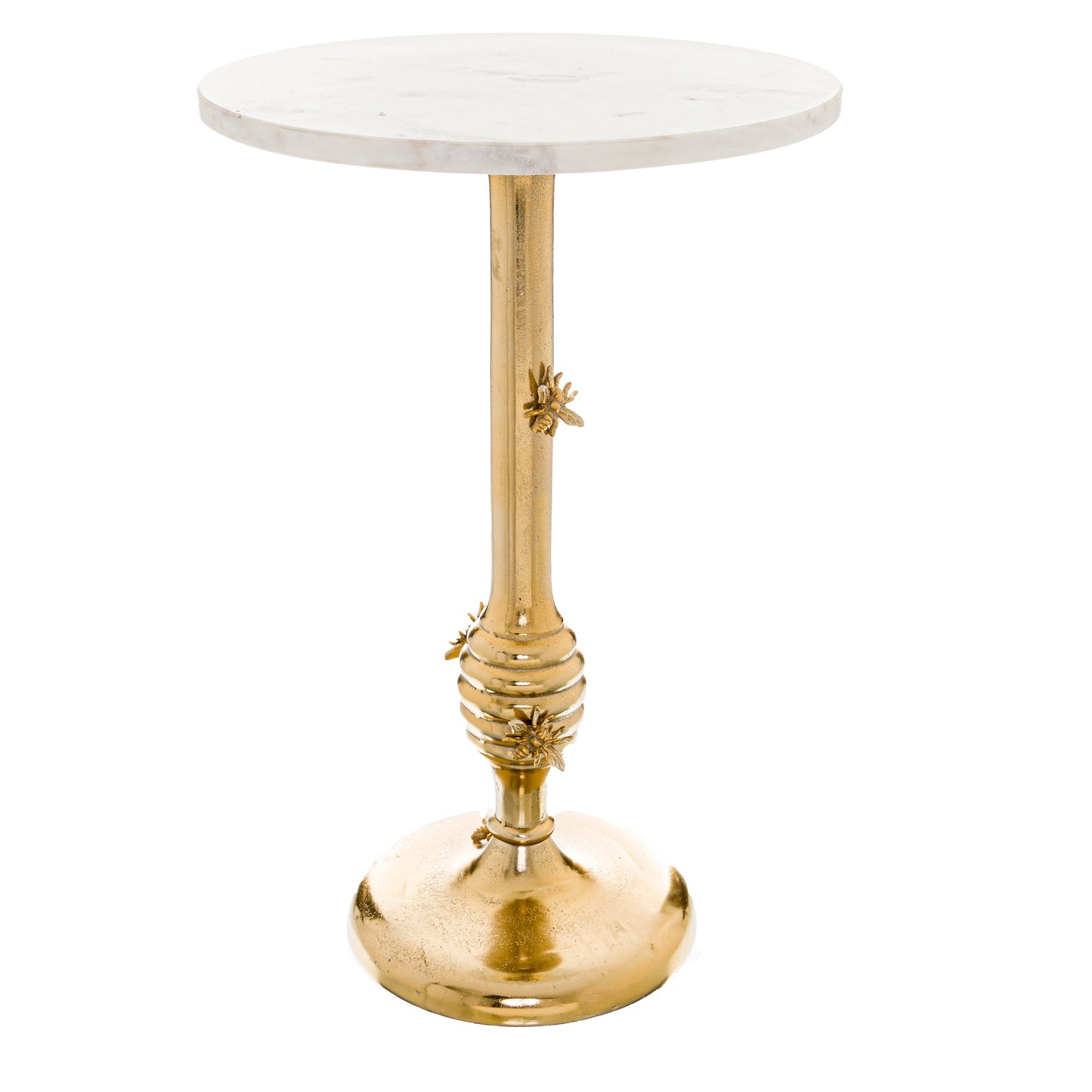 side table consisting of 3 pieces which screw together the table base is made if metal in gold with joney bees attached up the stem. a white round marble top that screws in. this small table is very elegant and small so can sit in any area you want to place it. 