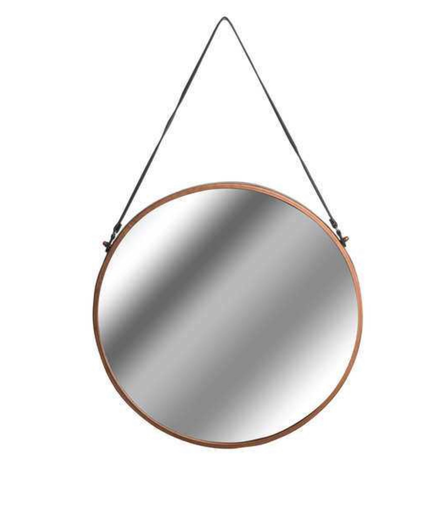 Round copper rimmed hanging wall mirror with strap. 