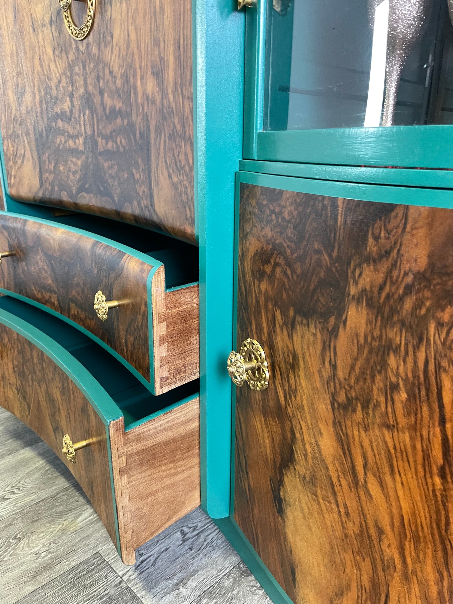 Beautility Walnut Cocktail Cabinet, Green Drinks Bar, Vintage Drinks Cabinet - Unique Home Pieces