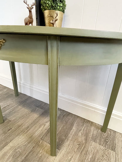 Large Green Vintage Half Moon Console Table, Demi Lune, Hall Table, Accent Table - Unique Home Pieces