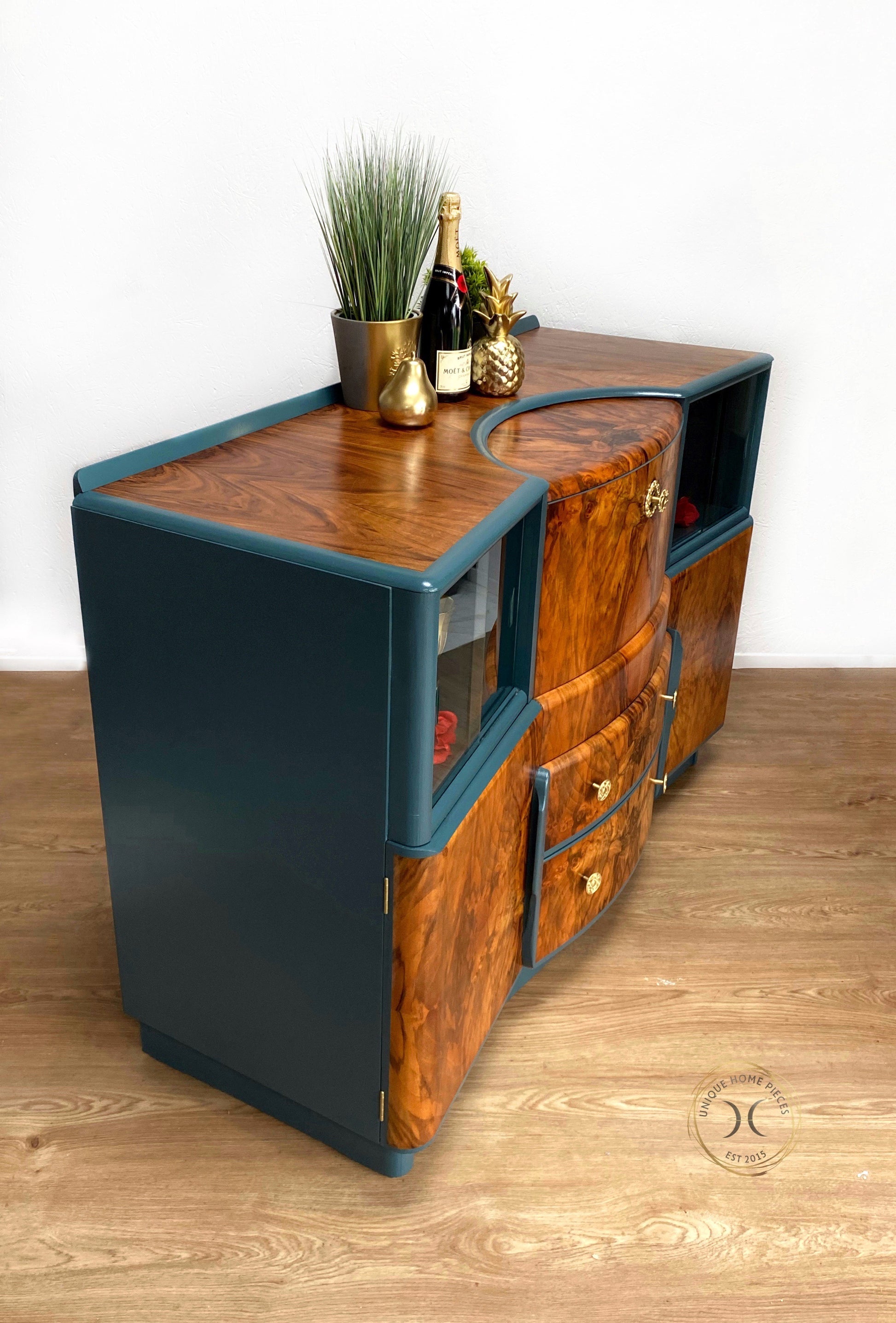 Beautility  Mid Century Blue Walnut  Cocktail Cabinet - Unique Home Pieces