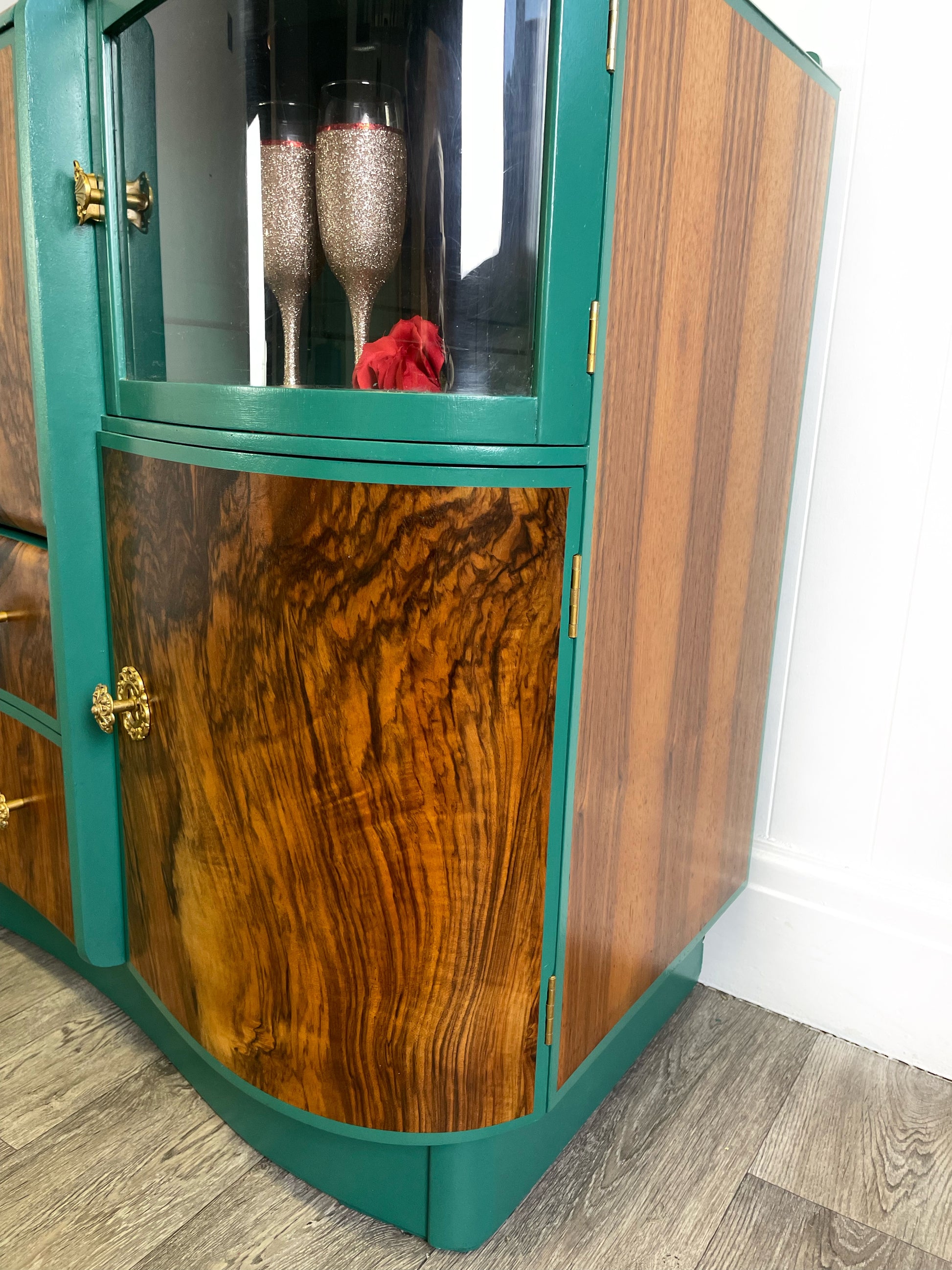 Beautility Walnut Cocktail Cabinet, Green Drinks Bar, Vintage Drinks Cabinet - Unique Home Pieces