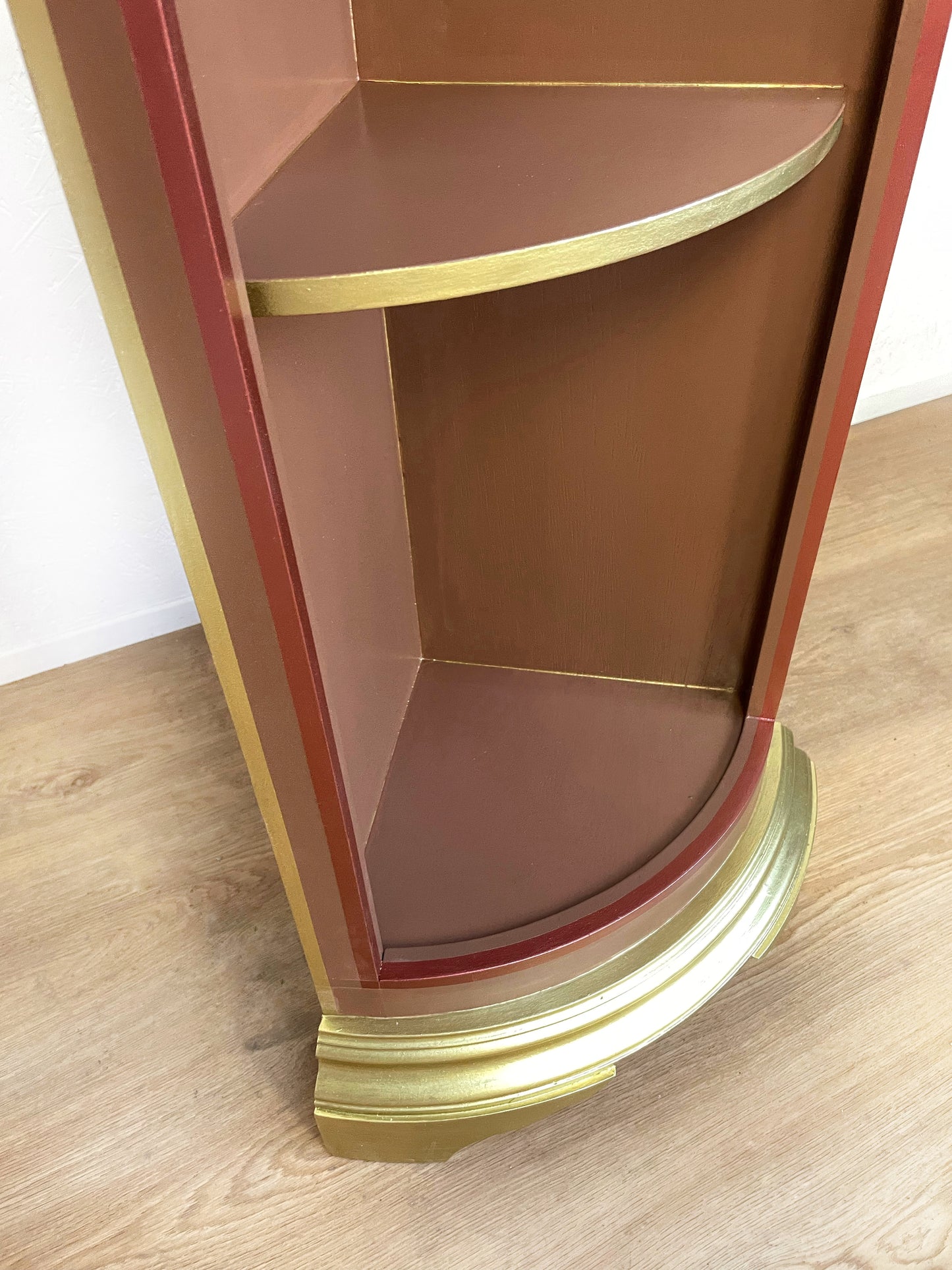 Brown Gold Copper Painted Vintage Corner Unit, Cabinet. Display Shelving - Unique Home Pieces