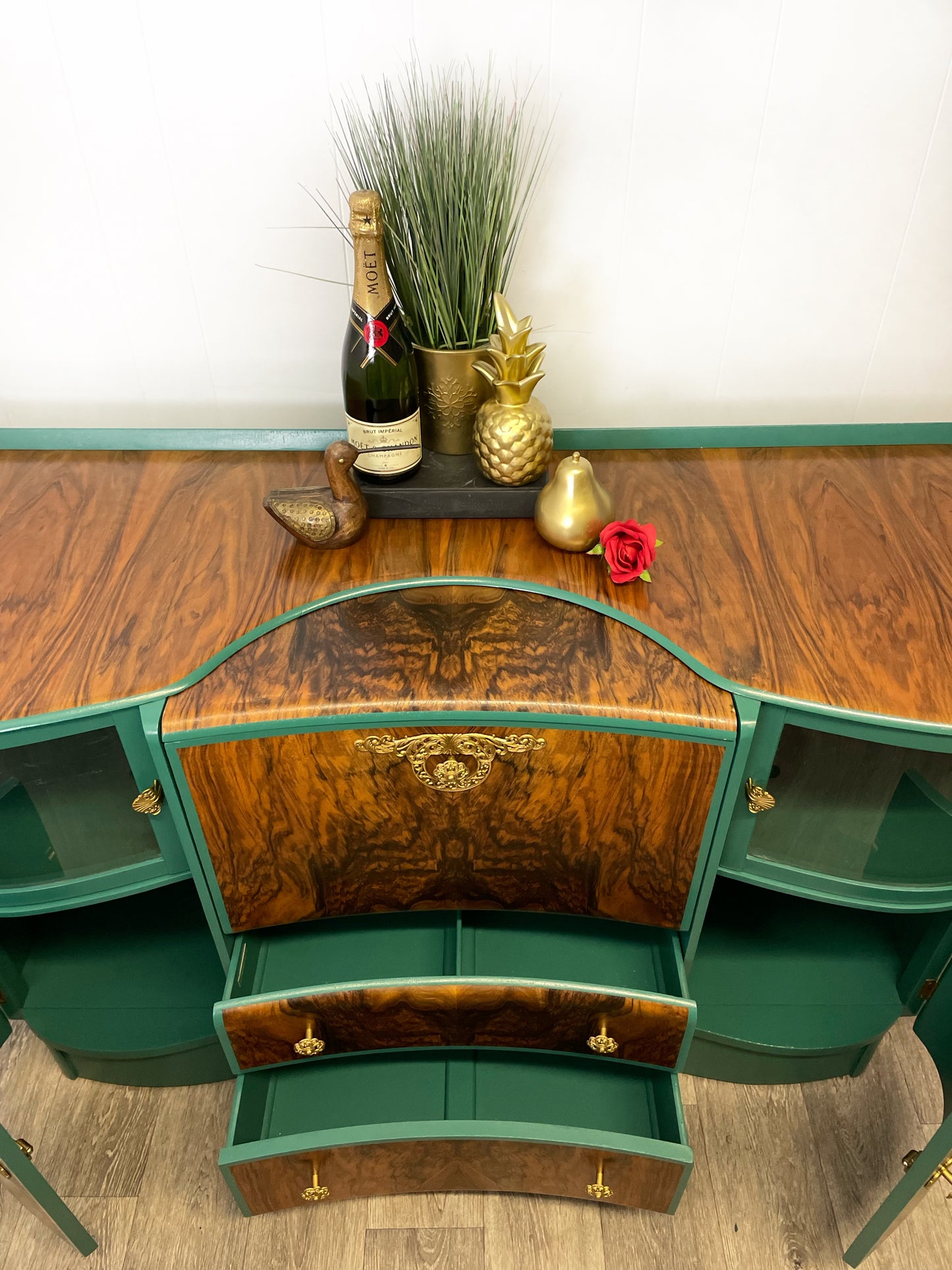 Beautility Walnut Cocktail Cabinet, Green Drinks Bar, Vintage Drinks Cabinet - Unique Home Pieces