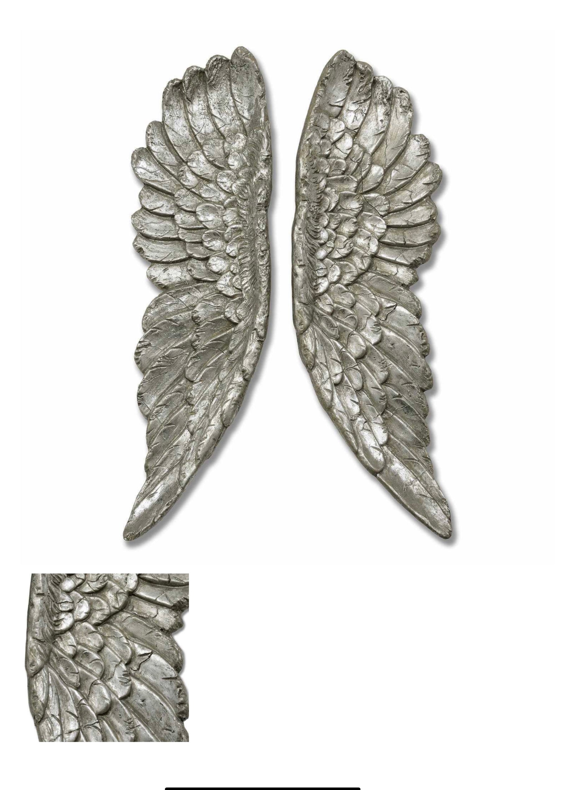 a set of antique silver angel wings, handcrafted  dimensions are Height 61 cm depth 7cm width 19cm 