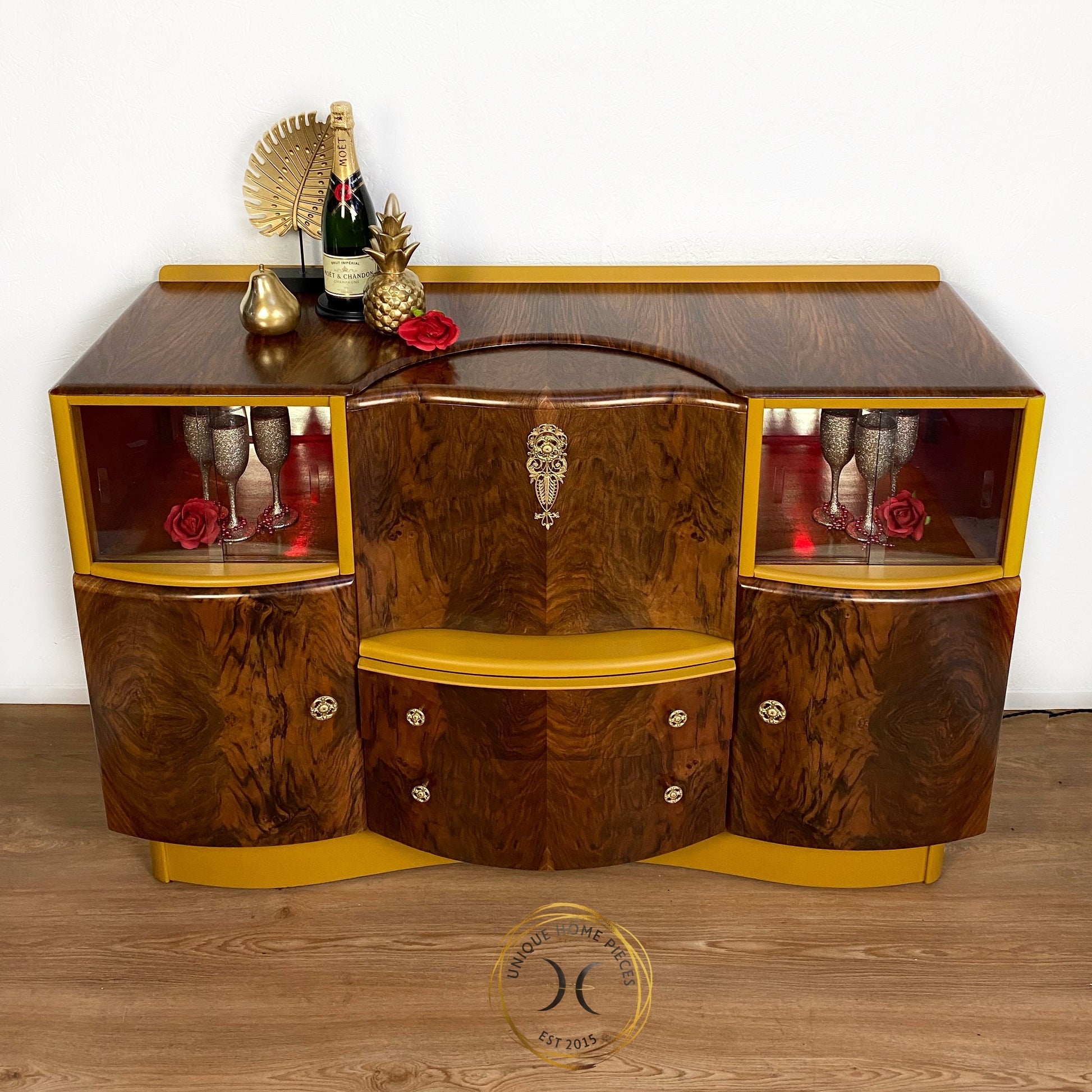 Yellow Walnut Beautility Bar Cocktail Cabinet - Unique Home Pieces