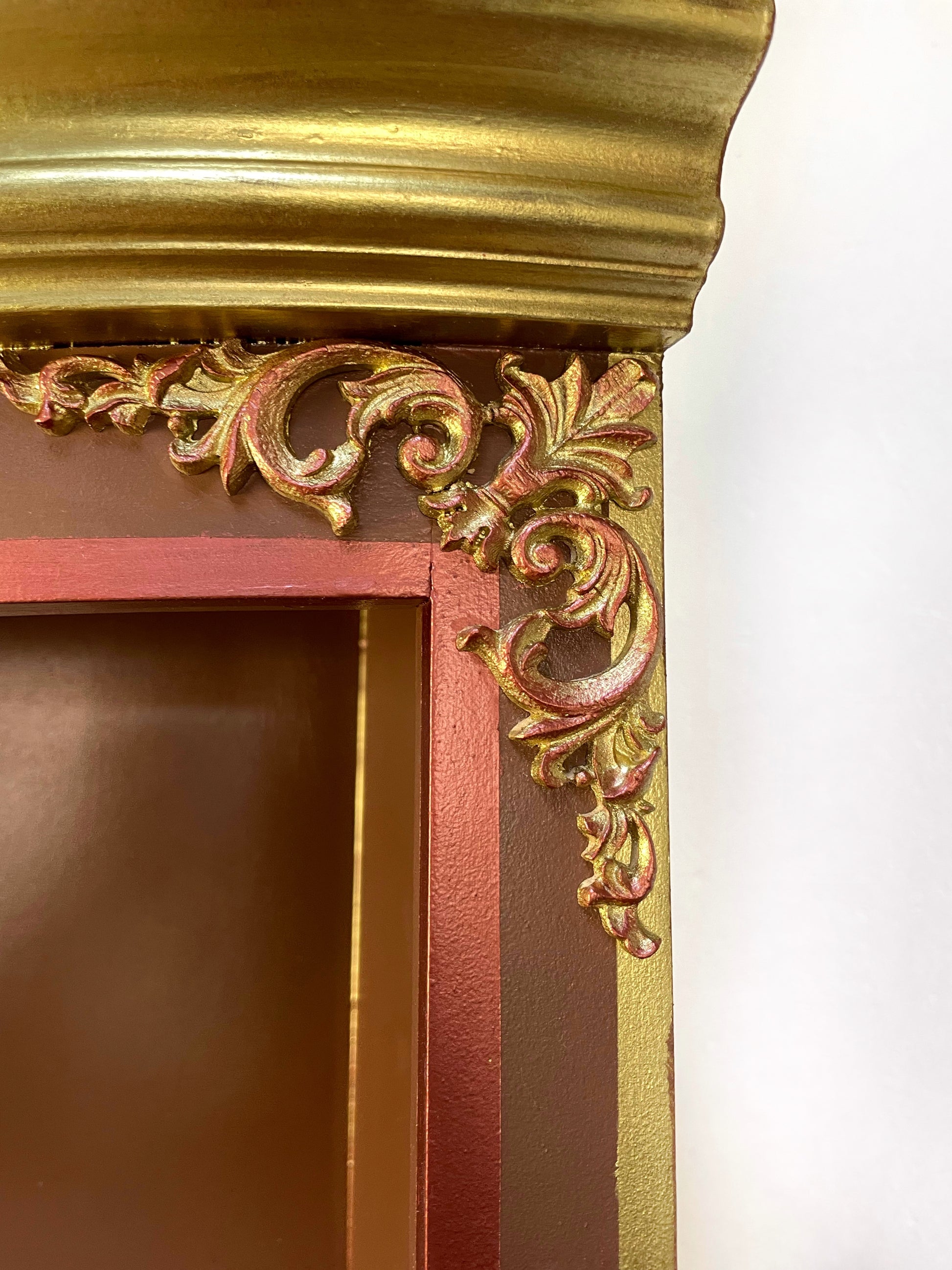 Brown Gold Copper Painted Vintage Corner Unit, Cabinet. Display Shelving - Unique Home Pieces