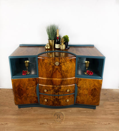 Beautility  Mid Century Blue Walnut  Cocktail Cabinet - Unique Home Pieces