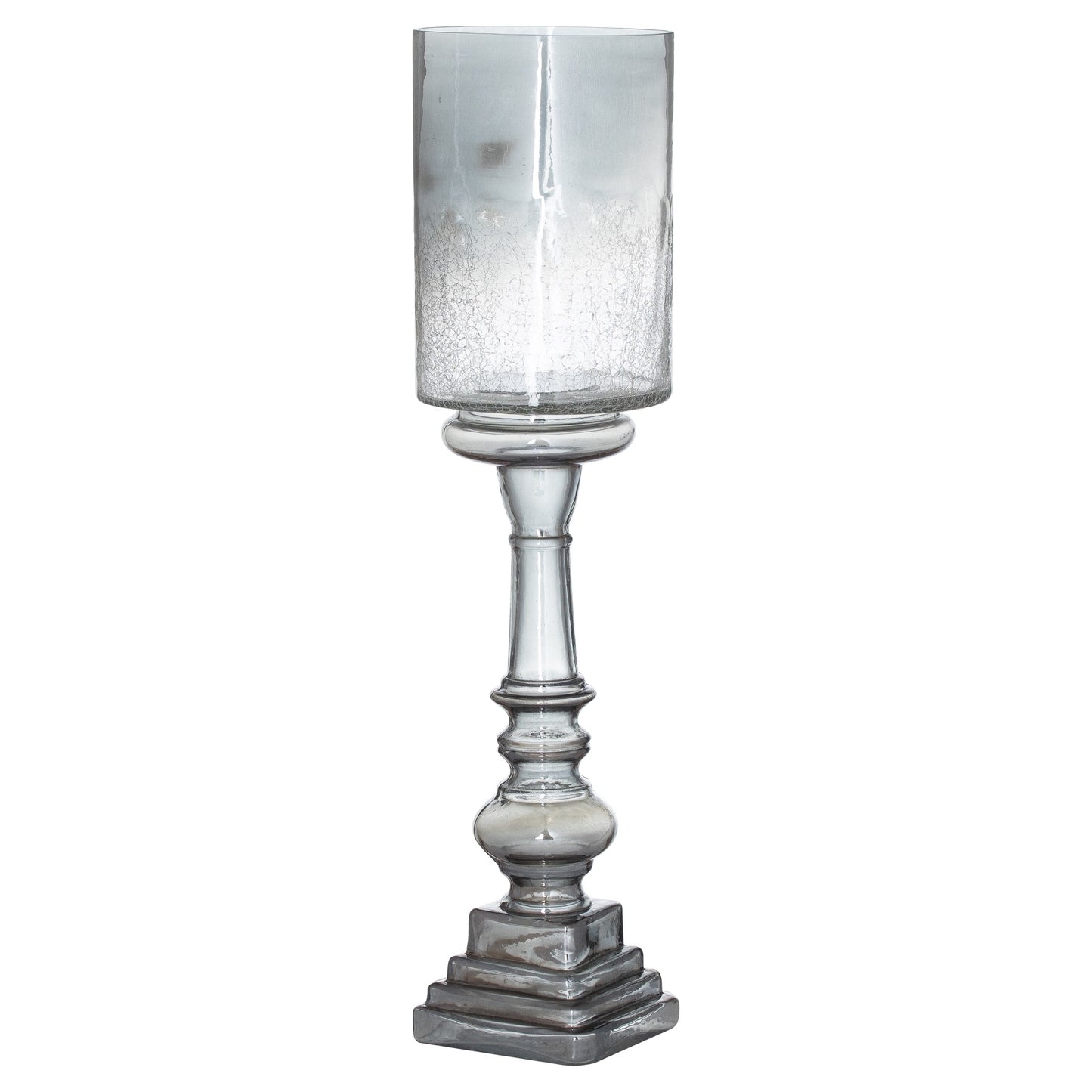 Silver Smoked Midnight Glass Top Tall Candle Pillar Holder - Unique Home Pieces