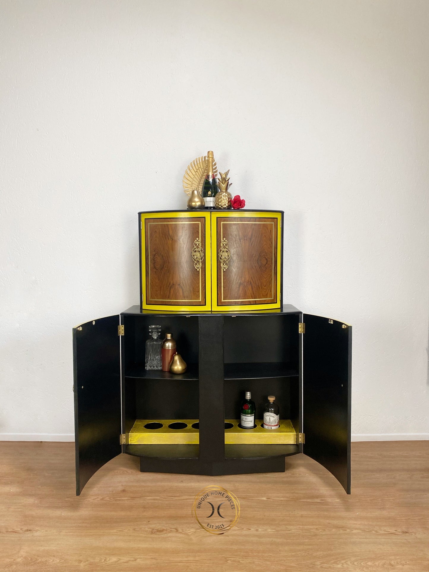 Bow Fronted  Drinks Black/Yellow Walnut Cocktail Cabinet Bar - Unique Home Pieces