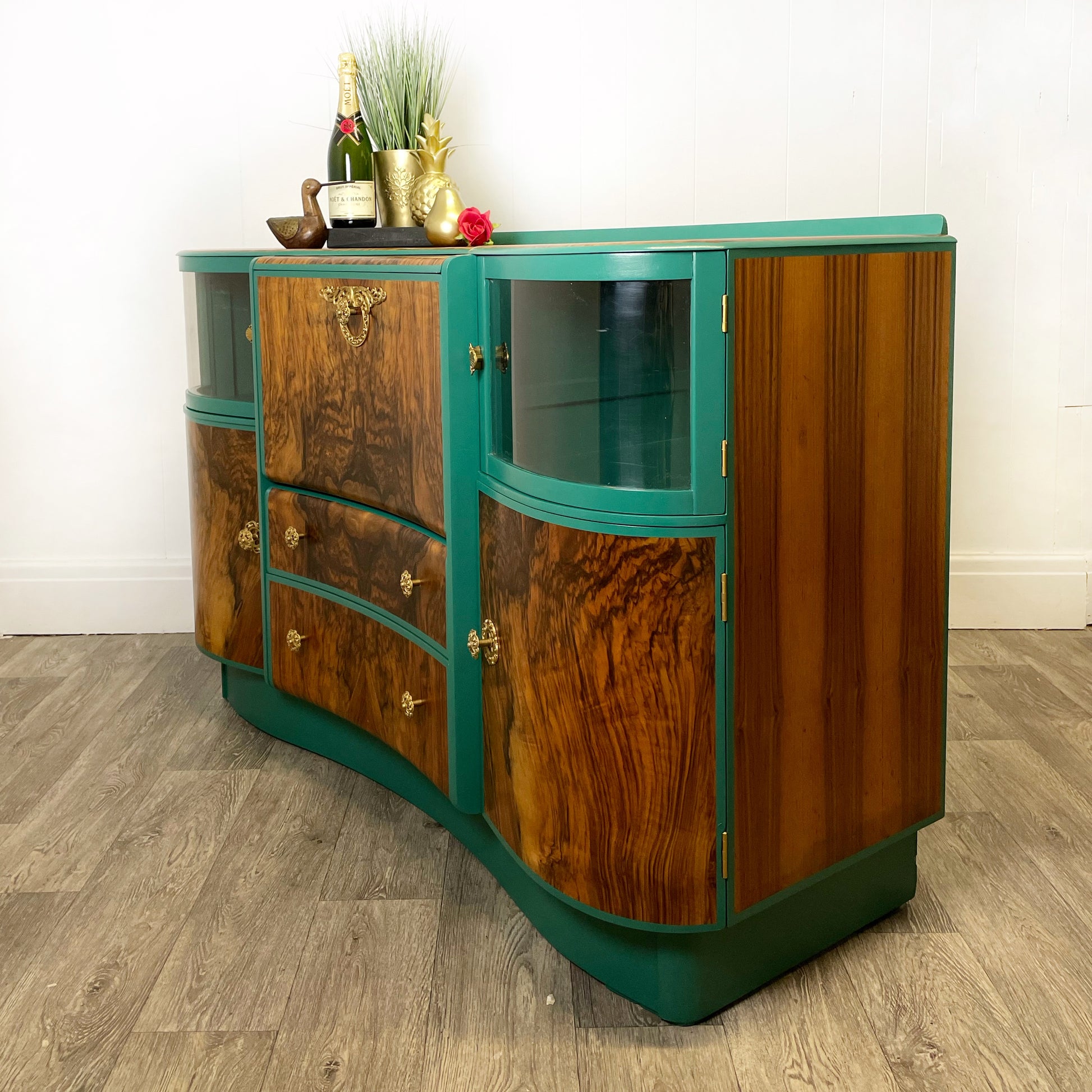 Beautility Walnut Cocktail Cabinet, Green Drinks Bar, Vintage Drinks Cabinet - Unique Home Pieces