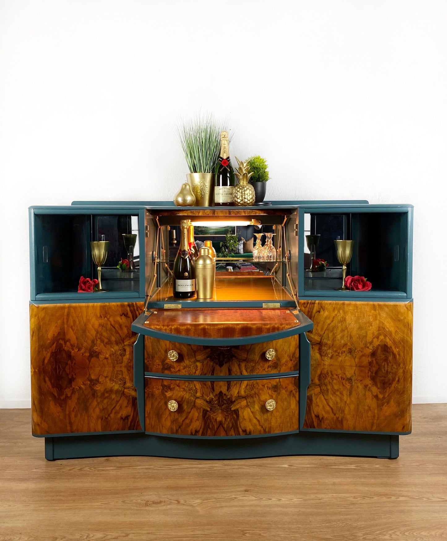 Beautility  Mid Century Blue Walnut  Cocktail Cabinet - Unique Home Pieces