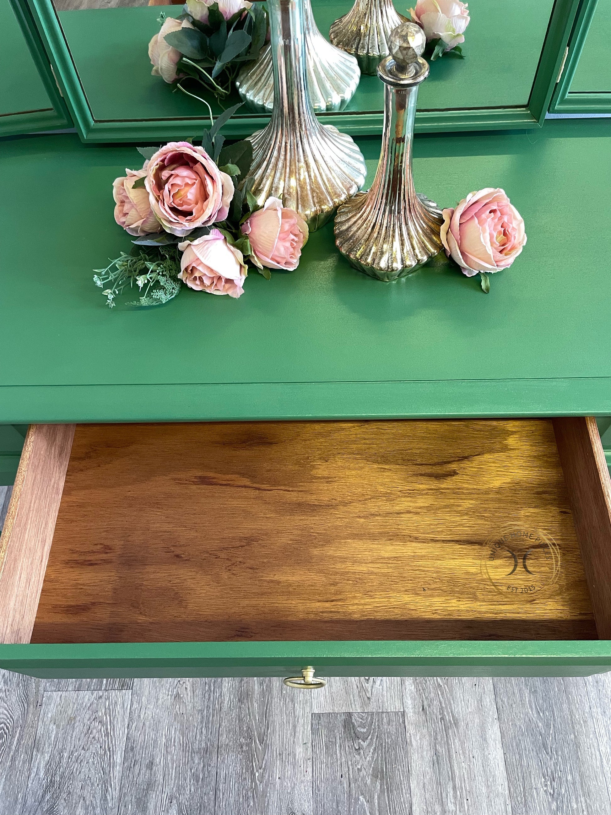 Sold Stag Vintage 3 Mirrored Green Dressing Table, 3 Drawer Dressing Table - Unique Home Pieces