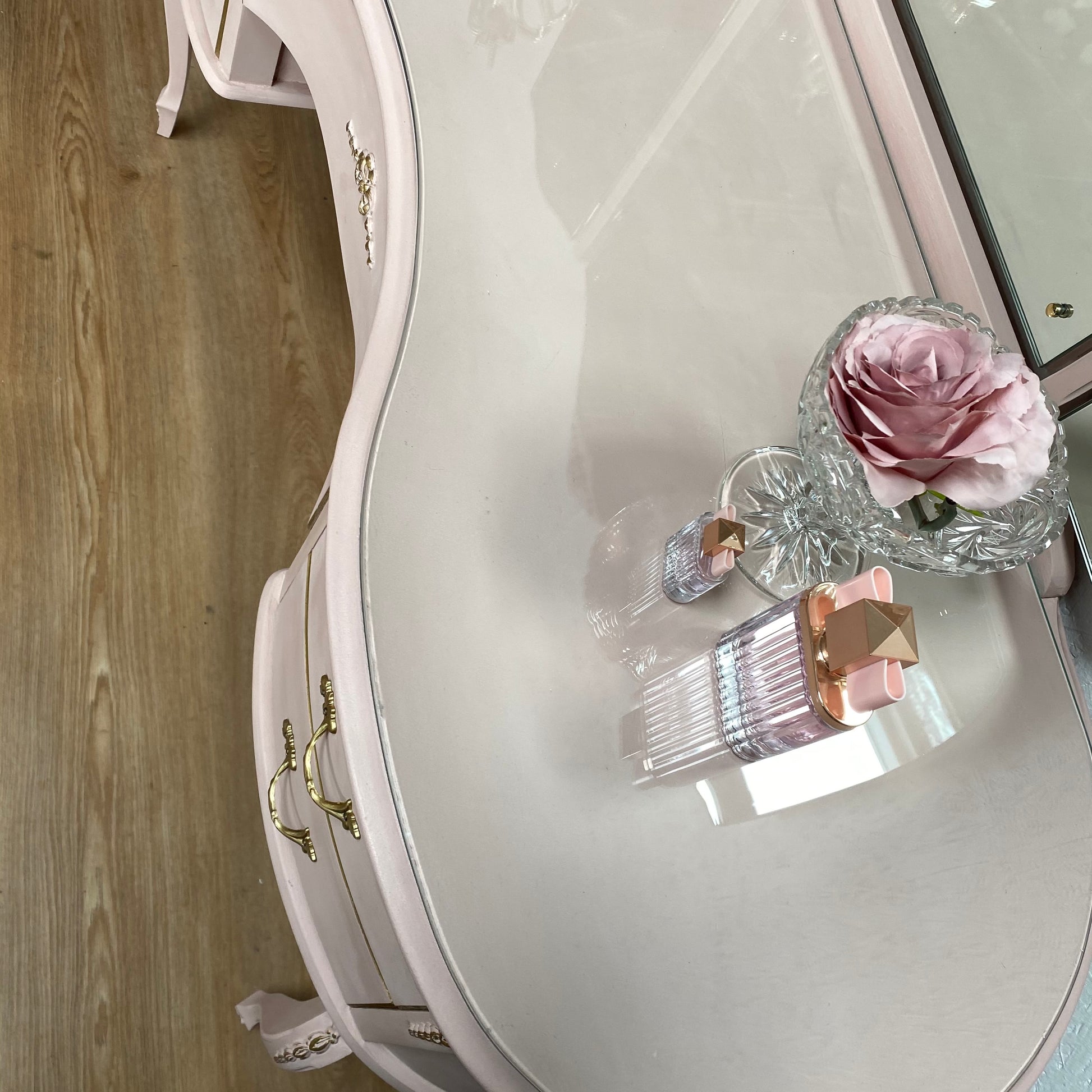 Kidney Shaped Pink Dressing Table With Mirrors & Protection Glass - Unique Home Pieces
