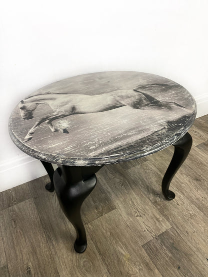 Galloping White Horse Coffee Table, Black Side Table, Decoupaged Horse Accent Table - Unique Home Pieces