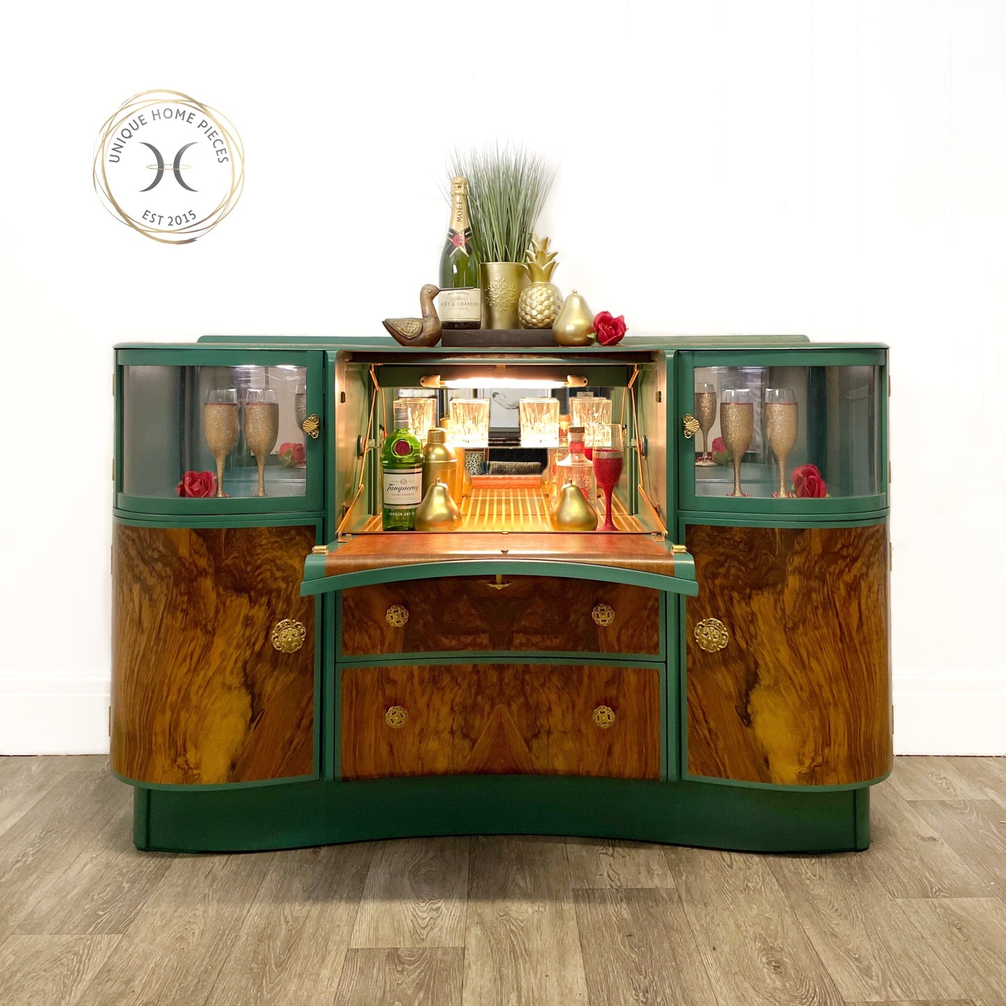 Beautility Walnut Cocktail Cabinet, Green Drinks Bar, Vintage Drinks Cabinet - Unique Home Pieces