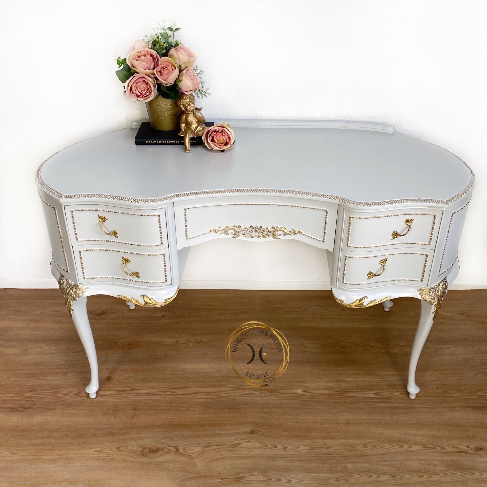 Grey French Louis Olympus Antionette Style Dressing Table Desk - Unique Home Pieces