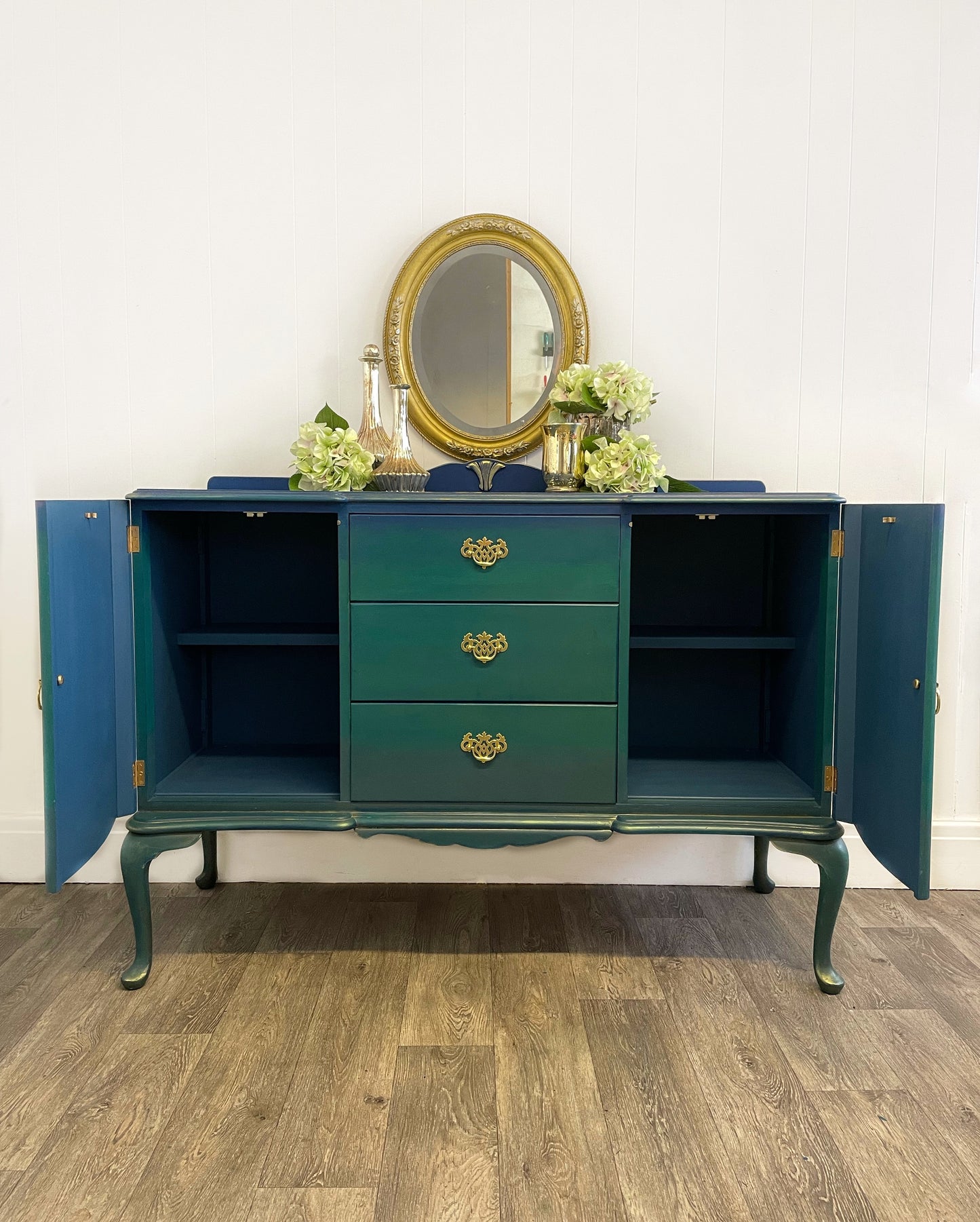Vintage Harris Lebus Green Blue Sideboard, Queen Anne Style Sideboard