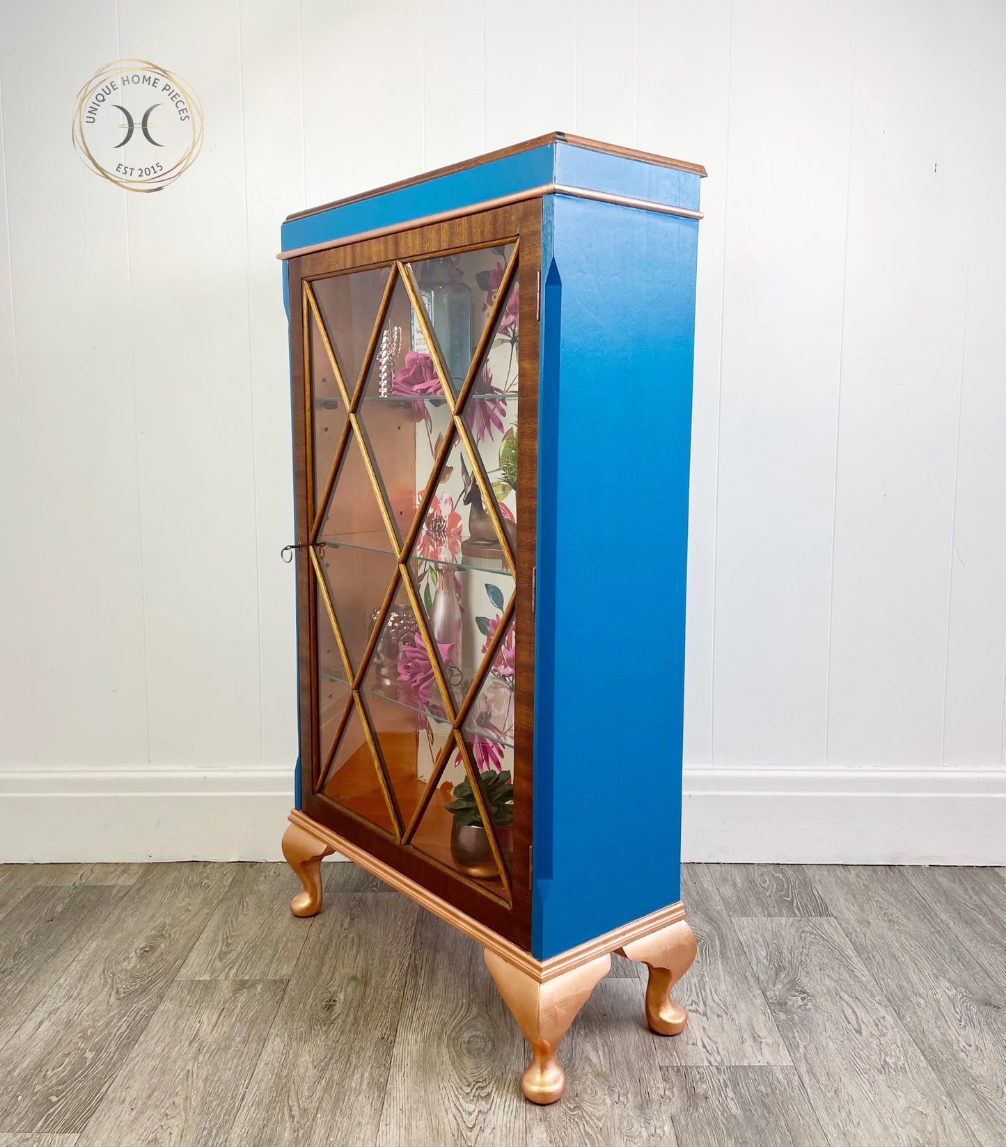 Blue Copper Vintage Glass Fronted Display/ Drinks Cabinet