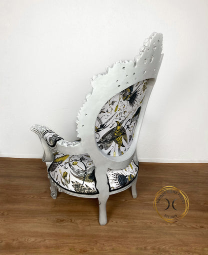 Hand Carved Grey Queen Throne With  Emma Shipley Fabric - Unique Home Pieces